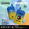 Pubblicità per il dispositivo Sbang Bang Leader Vape con 80.000 tiri, caratterizzato da due dispositivi, gusti (Blueberry Ice, Black Dragon Ice, Mango Peach), caratteristiche del prodotto ed etichetta di avvertenza sulla nicotina.