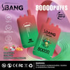 Immagine promozionale per la sigaretta elettronica usa e getta Sbang Bang Leader con due dispositivi sfumati di rosso e verde, un logo stilizzato con una scimmia e testo che evidenzia 80.000 tiri, tre gusti (kiwi e guava, litchi e ghiaccio, mango e pesca e ananas) e un'avvertenza sulla nicotina.
