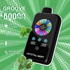 Dispositivo Crystal Mary Groove con display digitale, circondato da foglie di menta e testo che sottolinea 50000 puff, 28 ml di liquido, doppia coil, batteria da 900 mAh e impostazioni regolabili di nicotina e ghiaccio su sfondo verde.
