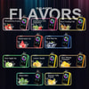 Esposizione di dieci coloratissimi dispositivi vape, ciascuno con un gusto diverso come Strawberry B-Pop, Strawberry Kiwi Refresher, Sour Fucking Fab, Watermelon Ice, Blue Razz Ice, Sour Apple Ice, Lemon Heads, Sour Mango Pineapple, Miami Mint e Banana Taffy Freeze, accompagnati da immagini di frutta e contorni al neon su uno sfondo scuro a righe.