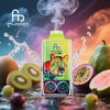 Dispositivo vape Fumot Leopard 40K colorato con illustrazione leopardata vivace, circondato da schizzi di frutta tra cui kiwi, guava e frutto della passione, con display digitale e vapore che si alza dalla cima.