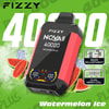 Fizzy Nqva Plus engångsvape i smaken Vattenmelonis, visad med vattenmelonskivor och iskuber, med ikoner för effektjustering och Dual Mesh Coil på grön bakgrund med stor text '4000'.