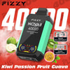 Reklambild för Fizzy Nqva Plus vape-enhet i smaken Kiwi Passionsfrukt Guava, med enheten och digital display, fruktillustrationer och text som lyfter fram 4000 bloss, effektjustering och Dual Mesh Coil.