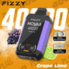 Fizzy Nqva Plus vape-enhet i lila med digital display, med smakerna Druva och Lime, visad tillsammans med bilder på druvor och en limeklyfta, med text som lyfter fram 4000 bloss, effektjustering och Dual Mesh Coil.