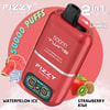 Promotional Image For A Red Fizzy Twins Vape Device Highlighting 50,000 Puffs, 2-In-1 Flavors (Watermelon Ice And Strawberry Kiwi), Flavor Change Feature, And Digital Display, With Fruit And Ice Illustrations.