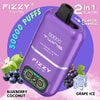 Colorful Advertisement For A Fizzy Twins Vape Device Featuring A Large Purple Vape With A Digital Display, Highlighting Its 50,000 Puff Capacity And Dual Flavors—Blueberry Coconut And Grape Ice—With Images Of Fruit, Ice, And Bold Text On A Pink And Blue Background.