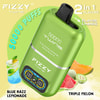 Fizzy Twins Green Vape Device Featuring 50,000 Puffs And Two Switchable Flavors, Blue Razz Lemonade And Triple Melon, With Images Of A Blue Drink, Watermelon, Cantaloupe, And Honeydew Slices.