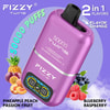 Advertisement For Fizzy Twins Vape Showing A Purple Vaping Device With 50,000 Puffs, Digital Display, And Two Flavor Options: Pineapple Peach Passion Fruit And Blueberry Raspberry, With Corresponding Fruit Images.