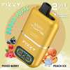 Promotional Image For Fizzy Twins Vape Device Showing A Yellow Vape With A Digital Display, Highlighting 50,000 Puffs, 2-In-1 Flavors (Mixed Berry And Peach Ice), And Illustrations Of Berries And Peaches With Ice.