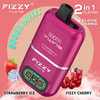 Pink Fizzy Twins Vape Device With A Digital Display, Labeled For 50,000 Puffs And Two Flavors, Strawberry Ice And Fizzy Cherry, Shown Alongside Images Of Strawberries, Ice Cubes, Cherries, And A Cherry Drink.