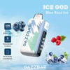 Image promotionnelle pour Gazzbar Ice God Blue Razz Ice Vape, montrant l'appareil avec une affichage numérique, des bleuets flottants et des framboises, et des fonctionnalités comme 50 000 bouffées, 5 niveaux de fraîcheur et un embouchure un peu adaptée à un fond bleu.