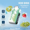 Dispositif de vape Gazzbar dans un design vert et blanc avec des images flottantes de kiwis et une fraise sur la glace, la publicité de la saveur de glace de kiwi aux fraises, 50 000 bouffées, cinq niveaux de refroidissement et un porte-parole un peu adapté.