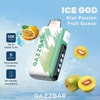 Image promotionnelle pour la vape `` Ice God '' de Gazzbar avec des kiwi, des fruits de la passion et des saveurs de goyave, avec des détails de produit mettant en évidence 50 000 bouffées, cinq niveaux de refroidissement et un porte-parole un peu adapté, aux côtés d'images du dispositif de vape et des fruits.