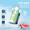 Gazzbar Vape Device étiqueté `` Ice God Watermelon Bubble Gum '' avec des éclaboussures d'eau, des bulles flottantes, des tranches de pastèque et des caractéristiques mises en évidence telles que 50 000 bouffées, 5 niveaux de fraîcheur et un porte-parole un peu adapté.