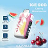 Gazzbar Ice God Gerry pastèque Vape jetable avec un appareil coloré, un affichage numérique et des images de cerises, de pastèque et de glaçons dans un fond bleu mettant en évidence des caractéristiques comme 50 000 bouffées et la fraîcheur personnalisée.