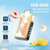 Image promotionnelle d'une vape de gazz avec un design sur le thème de la glace, avec les saveurs de la mangue, de la pêche et de la pastèque, et mettant en évidence des caractéristiques comme 50 000 bouffées, cinq niveaux de fraîcheur et un porte-parole un peu adapté, avec des visuels de fruits et de glace en arrière-plan.