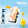 Image promotionnelle pour Gazzbar Ice God Double Mango Vape, montrant le dispositif de vape avec des graphiques abstraits de mangue et de glace, et des fonctionnalités mises en évidence, y compris 50 000 bouffées, cinq niveaux de fraîcheur et un porte-parole confortable.