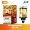 Confezione e dispositivo del narghilè Jnr Mega Shisha nel gusto Mi Amor, caratterizzato da un design giallo e oro con 100.000 tiri evidenziati e un'etichetta di avvertenza sulla nicotina.