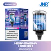 Confezione al dettaglio e prodotto per Jnr Mega Shisha Hookah Blueberry Ice Flavor, raffigurante un dispositivo per narghilè blu con design a cristalli ghiacciati, 100.000 tiri e avvertenza sulla nicotina.