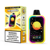 Appareil et emballage jetables Mr. Goodie Mango Pineapple Ice présentant un design vibrant avec une planète jaune et une bordure néon colorée, ainsi que des avertissements importants concernant la teneur en nicotine et les caractéristiques du produit telles que l'affichage miroir Abyss et le contrôle de la glace.