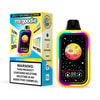 Appareil et emballage colorés Mr. Goodie Blood Orange Ice Vape avec un motif de lune et d'étoiles de dessin animé, mettant en évidence des fonctionnalités telles que le contrôle de la glace à 3 niveaux et une étiquette d'avertissement de nicotine.
