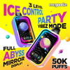 Publicité colorée mettant en vedette deux appareils Mr. Goodie Vape avec des écrans sur le thème de la galaxie, promouvant des fonctionnalités telles que le contrôle de la glace à 3 niveaux, le mode Party Vibez, l'affichage miroir Full Abyss et 50 000 bouffées, sur un fond jaune vif et blanc avec des planètes flottantes.