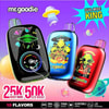 エイリアンとUFOのグラフィックスを備えた3つのVapeデバイスを備えたMr.Goodie Vapesのカラフルな広告は、惑星と未来的なデザイン要素を備えた紫色のスペースをテーマにした背景に設定され、デュアルモード、タッチコントロール、10フレーバーなどの機能を強調しています。
