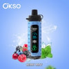 Dispositivo elettronico Okso blu con display digitale, circondato da more, lamponi, mirtilli, ribes, foglie di menta e schizzi d’acqua, etichettato 'Berry Mint' su sfondo blu.