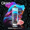 Colorato dispositivo per shisha e narghilè con le etichette "Okso", "Love66" e "Shisha Hookah Mega" su uno sfondo astratto dai colori neon vivaci, decorato con simboli mistici e scritte a mano.