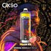 Dispositivo Mega Vape Okso Peach Ice Shisha Hookah davanti a un'illustrazione in stile cyberpunk di un uomo barbuto con occhiali da sole e luci al neon, con simboli mistici e testo scritto a mano sullo sfondo.