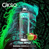 Una bottiglia di Okso Two Apple Shisha Hookah Mega con uno sfondo astratto verde neon e blu, con mele rosse e verdi in primo piano e motivi e simboli stilizzati simili a rune.