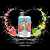 Uwin Crystal Twins 40K vape-enhet med tecknad apdesign, omgiven av stänk av vatten, jordgubbar, vattenmelon, citroner, lime och isbitar, med framhävning av smaker av jordgubb, vattenmelon och citronlime mot en svart bakgrund.