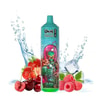 Buntes Vape -Gerät mit außerirdischer Illustration, umgeben von Erdbeeren, Kirschen, Himbeeren, Spritzwasser und Eiswürfeln.