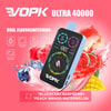 Promotional Image For The Vopk Ultra 40000 Vape Device With A Digital Screen, Featuring Dual Flavor Options: Blueberry Raspberry And Peach Mango Watermelon, Surrounded By Images Of These Fruits And Product Icons Highlighting Features Like Child Lock, Rgb Display, And Dual Flavor Switching.