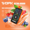 Colorful Vopk Ultra 40000 Dual Flavor Vape Device With Bright Display, Child Lock Icons, Fruit And Menthol Splash Background, And Blueberry, Raspberry, And Strawberry Imagery.