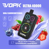 Promotional Image For Vopk Ultra 40000 Vape Device Featuring Dual Flavor Options Of Blue Razz Cherry And Strawberry Raspberry, With Visuals Of The Device, Berries, And Splashing Liquid, Along With Feature Icons For Child Lock, Rgb Screen, 36Ml Capacity, Mesh Coils, And Dual Flavor Switching.