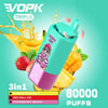 Colorato dispositivo Vopk Triple Vape con grafica di un leone in stile cartone animato, circondato da immagini di banana, ananas, fragola e mango, che pubblicizza tre gusti e una capacità di 60.000 tiri.
