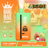 Bang Blaze Disposable Vape Device With A Crown Logo, Emitting Vapor, Featuring Beach-Themed Flavors Like Raspberry Watermelon, Product Features Such As Mesh Coil And 650Mah Battery, An Illustrated Skull Background, And Fruit Images.