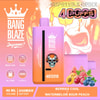 Promotional Image Of A Bang Blaze Disposable Vape Device In Gradient Orange And Purple, Featuring A Skull With Headphones, With Fruit Illustrations For Berries, Watermelon, And Peach, Highlighting 4000 Puffs, Mesh Coil, 40Ml Volume, 650Mah Battery, And The Flavors Berries Cool And Watermelon Sour Peach.