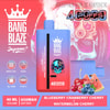 Bang Blaze Disposable Vape Device With 40000 Puffs In A Blue And Pink Gradient Design Featuring A Skull With Headphones, Surrounded By Icons And Images Of Blueberries, Cranberries, Cherries, And Watermelon.