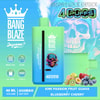 Colorful Bang Blaze Disposable Vape Device With Fruit Illustrations, Highlighting 4000 Puffs, Mesh Coil, 40Ml Volume, 650Mah Battery, And Flavors Of Kiwi, Passion Fruit, Guava, Blueberry, And Cherry Against A Blue Background Featuring A Large Skull Graphic.