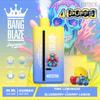 Colorful Advertisement For Bang Blaze Disposable Vape Device Featuring A Vibrant Skull Illustration, Product Specifications, And Images Of Lemon, Cherries, And Blueberries For The Pink Lemonade And Blueberry Cherry Lemon Flavors.