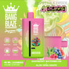 Promotional Image Of A Bang Blaze Joycome Disposable Vape Device Featuring A Pink And Green Design With A Skull Graphic, And Labeled With Flavors Raspberry Watermelon And Aloe Vera Grape, Surrounded By Fruit Illustrations And Product Specifications.