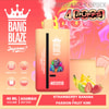 Colorful Advertisement For Bang Blaze Joycome Disposable Vape Device Featuring 4000 Puffs, Mesh Coil, 40Ml Volume, 650Mah Battery, And Flavors Listed As Strawberry Banana And Passion Fruit Kiwi, With Fruit Images And A Vivid, Stylized Background.