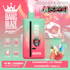 Colorful Advertisement For A Bang Blaze Joycome Disposable Vape Featuring Strawberry And Vanilla Ice Cream Flavors, With Images Of The Vape Device, A Skull Graphic, Strawberries, Vanilla Flowers, And Ice Cream Swirls, Highlighting 4000 Puffs, 40Ml Volume, And 650Mah Battery.