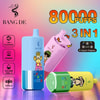 Pubblicità colorata per Bang De 80000 3 in 1, vaporizzatore usa e getta con capacità di 80.000 tiri, display per e-liquid, batteria da 650 mAh, volume 20 ml x 3 e personaggi dei cartoni animati raffiguranti scimmie sui dispositivi.