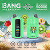 Promotional Image For Bang Leader Disposable Vape, Featuring Two Green Vape Devices With Electronic Displays, Surrounded By Ice Cubes, Apples, Kiwis, Strawberries, And Passion Fruit, Highlighting Double Flavor, Up To 50,000 Puffs, Type-C Charging, 650Mah Battery, Dual Mesh Coil, And Adjustable Settings.