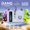 Bang Leader Vape Devices With Digital Displays, Featuring Dual Flavors (Black Grape And Green Grape), A Tiger Logo, And Icons Highlighting Type-C Charging, 650Mah Battery, Dual Mesh Coils, And Adjustable Airflow, Set Against A Background With Grapes And Juice Splashes.