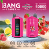 Promotional Image For A Pink Bang Leader Vape Displaying Its Type-C Charging, 650Mah Battery, Dual Mesh, Adjustable Features, Double Flavor Option, Up To 50,000 Puffs, With Images Of Lemons, Raspberries, And Cherries In The Background.