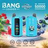Bang Leader Vape Devices In Blue With A Tiger Graphic, Featuring Digital Screens, Double Flavor Option, Up To 50,000 Puffs, Usb Type-C Charging, 650Mah Battery, Dual Mesh System, And Adjustable Settings, Set Against A Background Of Raspberries, Blueberries, And A Beach Scene.